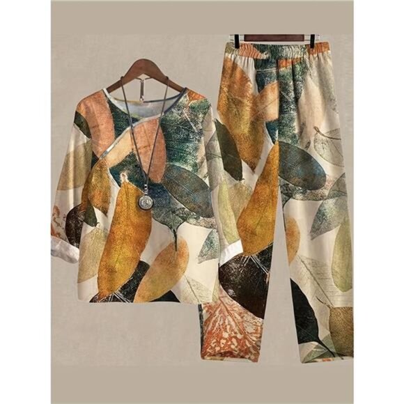 Printed Round Neck Long Sleeve Top and Pants Set - Picture 1 of 5
